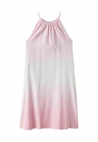 Robe sans manches en coton rose clair avec un effet ombragé dégradé vers le blanc, dotée d'un col froncé et de bretelles ajustables.