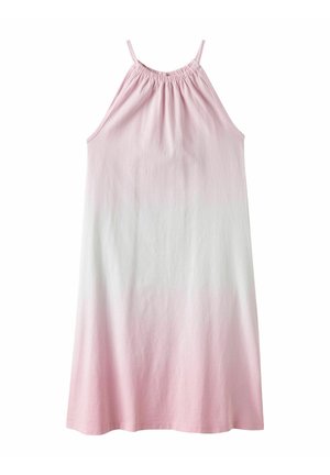Vestido de algodón sin mangas en un suave tono rosa, con un efecto ombré que se desvanece a blanco, con un escote fruncido y tirantes ajustables.