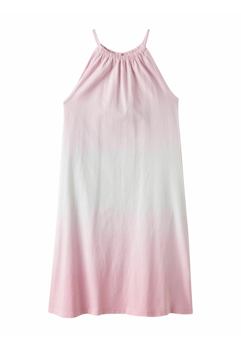 Robe sans manches en coton rose clair avec un effet ombragé dégradé vers le blanc, dotée d'un col froncé et de bretelles ajustables.