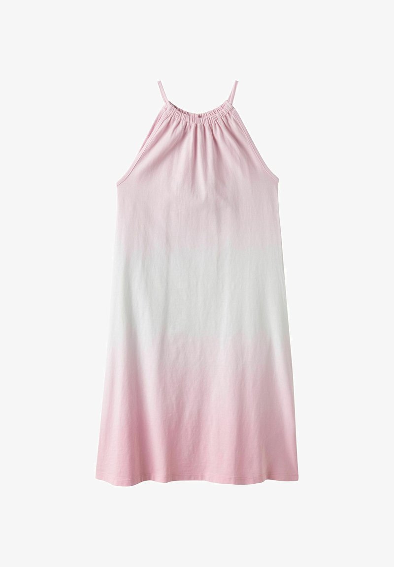 Robe sans manches en coton rose clair avec un effet ombragé dégradé vers le blanc, dotée d'un col froncé et de bretelles ajustables.