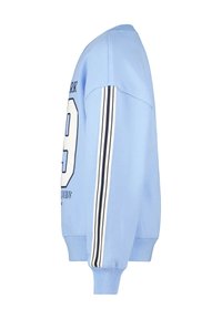 Light blue sweatshirt with black and white striped detail on the sleeve, ribbed cuffs, and large printed number and text on the chest.
