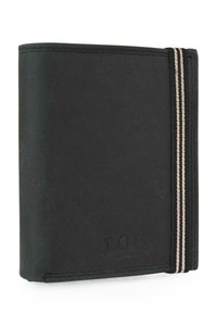 Cartera negra de cuero, con una superficie texturizada, diseño de plegado, bordes cosidos y una banda elástica rayada para el cierre.