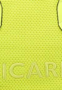Neon gele gestructureerde stof met een ruitpatroon, met geborduurde letters in een bijpassende kleur. Randen omlijnd in zwart.