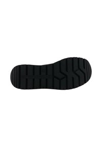 Czarna gumowa podeszwa z fakturowanym bieżnikiem, z poziomymi i pionowymi rowkami zapewniającymi przyczepność i trwałość.