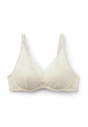 Ivoor beha met kantafwerking, gevormde cups, verstelbare bandjes en een gladde satijnen afwerking. Heeft kleine versieringen en een delicate bloemenpatroon.