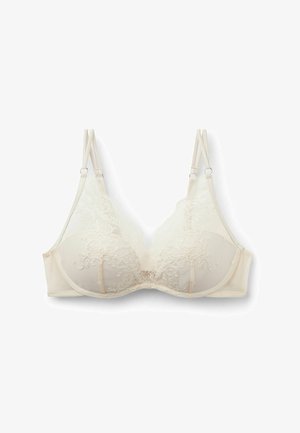 Ivory-bh med spetsdetaljer, formade kupor, justerbara band och en slät satinfinish. Har små dekorationer och ett fint blommönster.