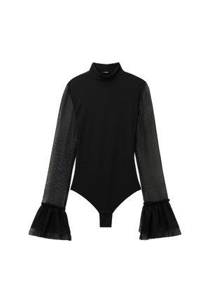 Bodysuit negro con mangas largas de rayas transparentes, cuello alto y puños acampanados. El material del cuerpo suave contrasta con el diseño texturizado de las mangas.