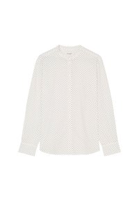 Chemise blanche à manches longues avec des pois noirs, fermeture à boutons sur le devant et un design sans col. Tissu léger avec une texture douce.