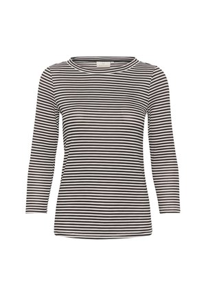 Schwarz-weißer gestreifter Langarmoberteil mit Rundhalsausschnitt und gerippter Textur. Einfaches, tailliertes Design mit geradem Saum.