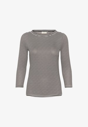 Schwarz-weißer gestreifter Langarmoberteil mit Rundhalsausschnitt und gerippter Textur. Einfaches, tailliertes Design mit geradem Saum.