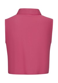 Sleeveless pink blouse with a collar, featuring a smooth texture and a slightly tailored shape. No visible fastenings or patterns.
