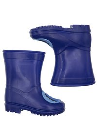 Bottes de pluie en caoutchouc bleu marine avec un accent texturé bleu, comportant un détail découpé en forme de vagues à l'avant et une semelle striée pour une meilleure adhérence.