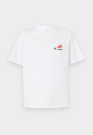 Tricou alb din sârmă de bumbac, cu mâneci scurte, decolteu rotund și un design colorat imprimat cu o căpșună și textul "Căpșună Înghețată."