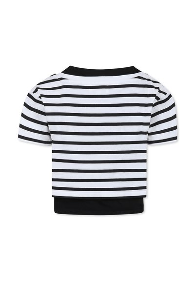 Short-sleeve crop top in white and black horizontal stripes, featuring a black round neckline and a simple, smooth fabric texture.