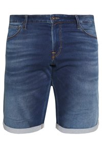 Modré denimové šortky s ohrnutými manžetami, předním knoflíkem, zipem a designem se pěti kapsami.