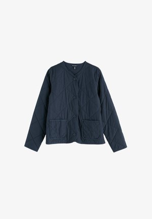 Tengerészkék steppelt dzseki V-nyakkivágással, gombos záródással és két első zsebbel. Gyémánt alakú varrással és hosszú ujjakkal.