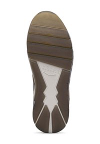 Schuhsohle mit einem Zickzackmuster, aus strukturierter brauner Gummi, weißem Zwischensohlenbereich und ausgeprägten Profilrillen für Traktion.