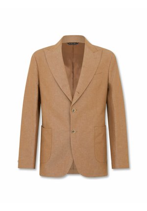 Blazer da uomo color cuoio con due bottoni, rever a lancia, due tasche a toppa frontali e una tasca a filetto sul petto, mostrato su sfondo bianco.