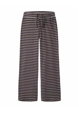 Hosen mit weitem Bein, schwarzen und grauen horizontalen Streifen und einem Kordelzug in der Taille auf weißem Hintergrund.