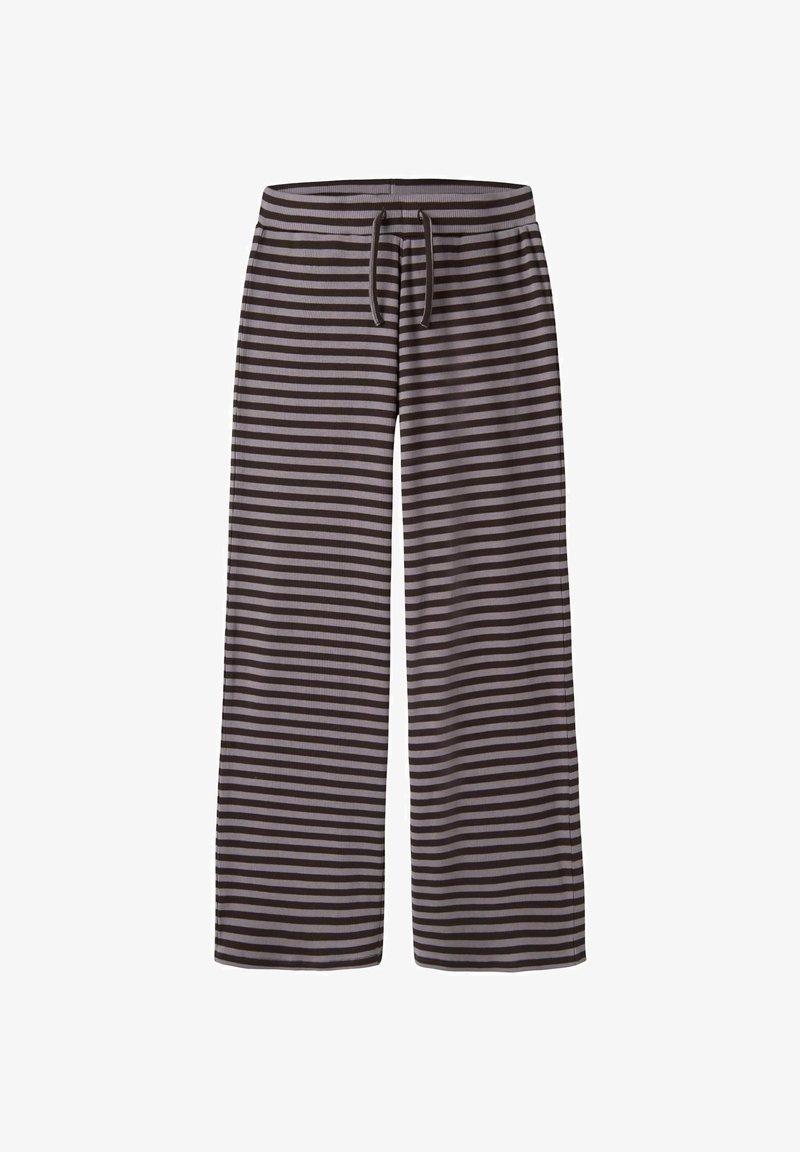 Pantalon à jambes larges avec des rayures horizontales noires et grises et une taille à cordon sur fond blanc.
