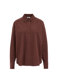 Long-sleeve brown corduroy shirt with collar and front buttons, featuring a relaxed fit and buttoned cuffs.