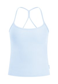 Haut sans manches bleu clair avec fines bretelles et une petite étiquette sur le côté, présenté sur fond blanc.