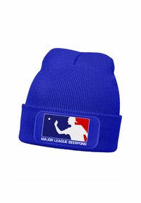 Blue knit beanie featuring a cuff and a logo patch with a player silhouette in red and white, text "MAJOR LEAGUE BEERPONG" beneath.