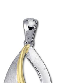 Pendentif en argent et or de forme goutte allongée. Fini argent poli avec un accent doré. Texture lisse, design moderne.