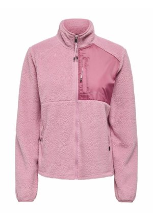 Veste en polaire rose avec fermeture éclair complète à l'avant, col haut, manches longues, deux poches latérales et une poche poitrine en tissu contrastant.