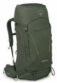 Zaino Osprey Kestrel 48 verde, con un design snodato, spallacci imbottiti regolabili, pannello in rete esagonale e base rinforzata per la durata.
