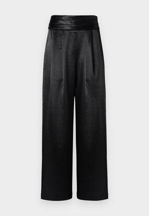 Black wide-leg satin pants with high waist and pleats, smooth texture, and straight hems against a plain background.