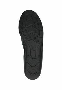 Suola di scarpa nera con scanalature testurizzate e logo a farfalla. Presenta un design ampio e piatto con motivi diversi per la trazione. Taglia 37 indicata.