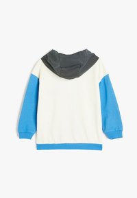 Sudadera de algodón con capucha gris, cuerpo color crema y mangas azules. Presenta puños y dobladillo acanalados, con una textura suave y diseño de tipo pullover.