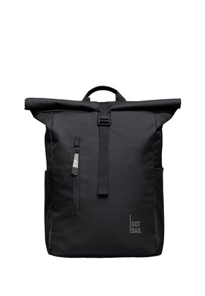 Black roll-top backpack with front zipper pocket, adjustable strap with buckle, handle on top, and "GOT BAG." logo on lower right.