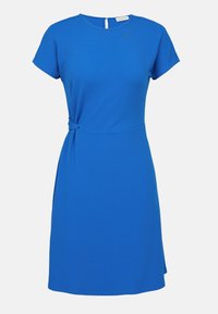 Modré šaty s krátkými rukávy, délky ke kolenům, s uzlovým detailem v pase, kulatým výstřihem, texturovanou látkou a zapínáním na zádech ve tvaru klíčové dírky.