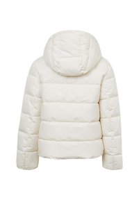 Weißer Steppjacke mit horizontalem Quiltmuster, Kapuze und leicht verkürztem Design, aus glattem, glänzendem Stoff.