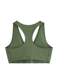 Oliven grøn sports-bh med racerback-design, lavet af glat stof, med en sømløs finish og diskrete syninger.