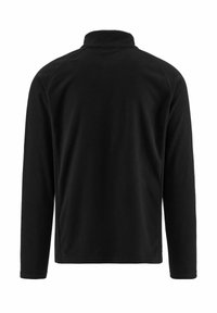 Pullover in pile nero con collare alto e maniche lunghe. Tessuto morbido e design semplice senza motivi o hardware visibile.