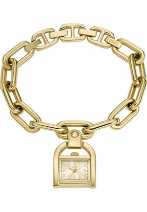 Guldtonet chunky kædearmbånd med rektangulære led og et lille vedhæftet ursmykke, der viser 10:09, mærket Fossil.
