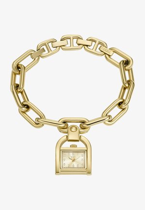 Bracelet chaîne épais doré avec des maillons rectangulaires et un petit charm montre attaché affichant 10h09, étiqueté Fossil.