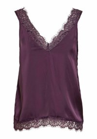 Haut sans manches en satin violet avec col en V, bordé d'une délicate dentelle florale à l’encolure et à l’ourlet.