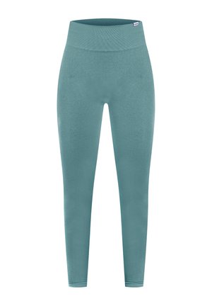 Türkise Leggings mit einem breiten, gerippten Bund. Glattes, elastisches Material, langes Design, keine sichtbaren Muster oder Akzente.