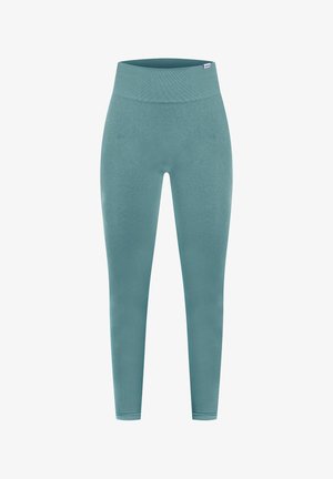 Türkise Leggings mit einem breiten, gerippten Bund. Glattes, elastisches Material, langes Design, keine sichtbaren Muster oder Akzente.