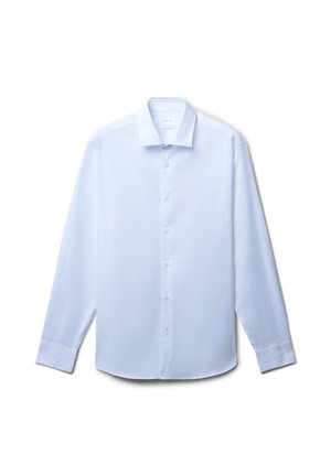 Hellblaues Button-up-Hemd aus glattem Stoff, mit klassischem Kragen, langen Ärmeln und einer subtilen Textur sowie einem geraden Saum.