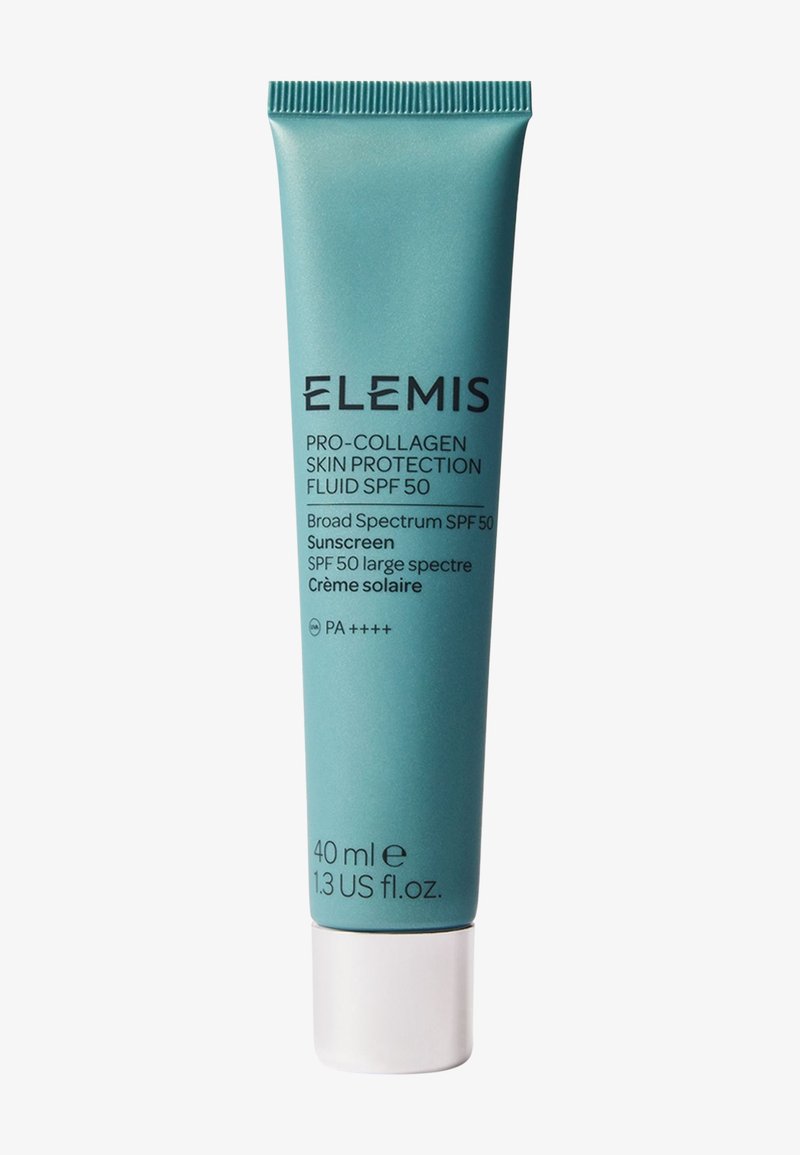 Tube de crème solaire Elemis Pro-Collagen Skin Protection Fluid SPF 50 d'une contenance de 40 ml avec une protection solaire à large spectre PA++++.