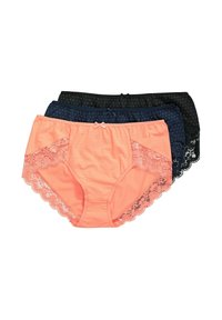 Tre paia di mutandine donna: corallo con pois e rifiniture in pizzo, blu navy con pois, nero con dettagli in pizzo. Tutti con cinturini elastici.