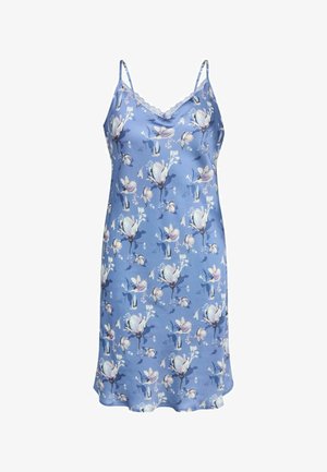 Hladká modrá nočná košela s kvetinovým vzorom, s tenkými ramienkami a čipkovým lemom na výstrihu, hladká textúra a zakrivený lem.