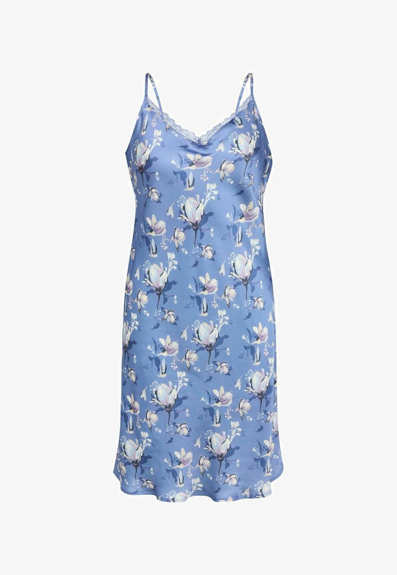 Zijdeachtig blauwe nachthemd met bloemenpatroon, voorzien van spaghettibandjes en kantafwerking bij de halslijn, een gladde textuur en een afgeronde zoom.