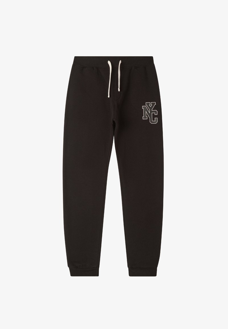 Czarne dresy z elastycznym paskiem w talii i sznurkiem. Posiadają białe logo na lewej udzie. Gładka faktura i zwężane nogawki.