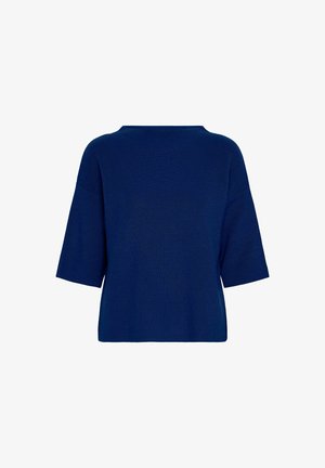 Maglione a maglia blu navy con maniche corte, collo rotondo e vestibilità comoda. Presenta una texture a coste su tutta la superficie.